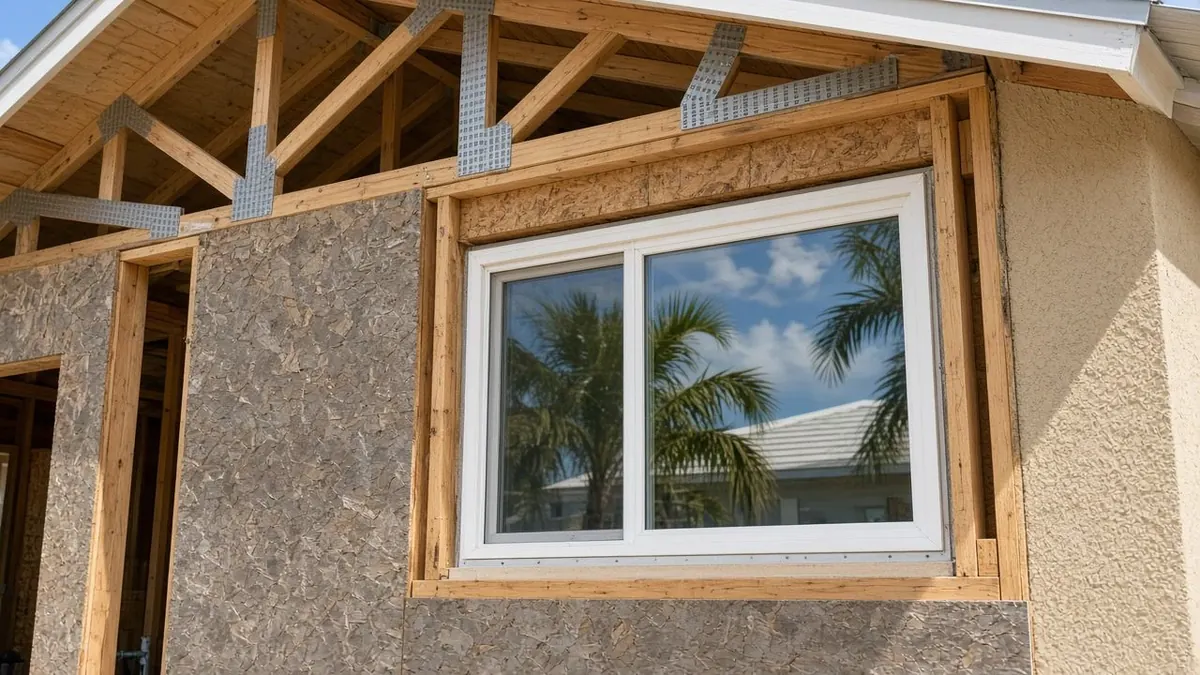 New window set in the framing of a wall addition beside the stucco house, with roof trusses and metal connector plates above and palm reflections in the glass