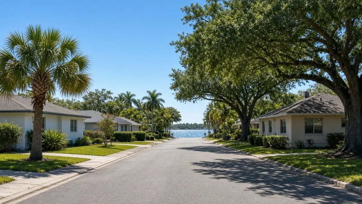 Quiet street of single-story stucco houses under live oaks and a palm, ending at a view of bright water