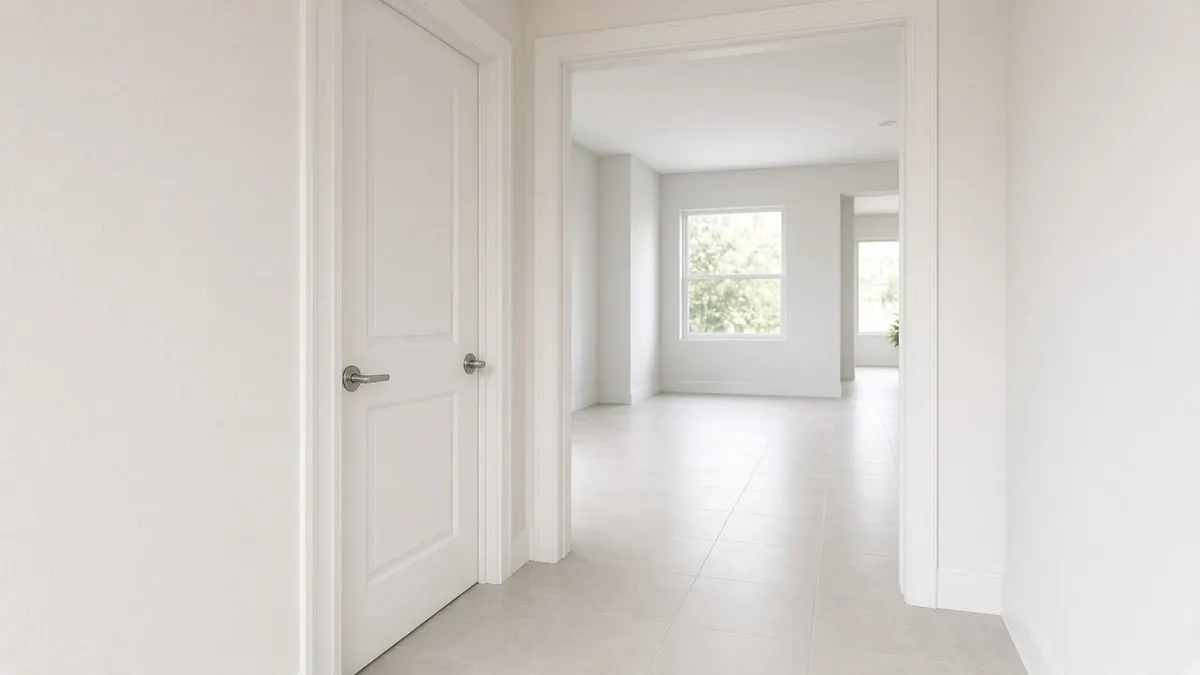 White hallway with a paneled door on the left and a wide opening ahead onto a bright room with a window and a tile floor